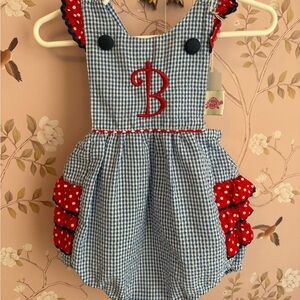 “B” Blue Gingham Baby Romper with Red Accents